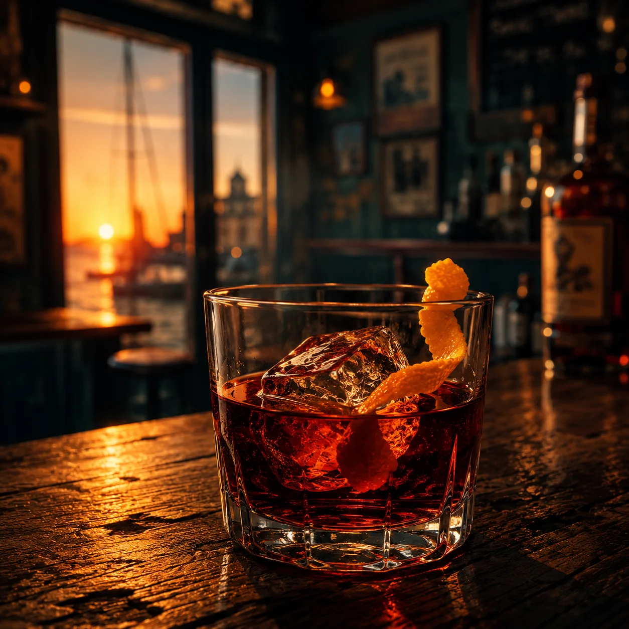 Bicchiere basso con ghiaccio grande, vermut rosso e scorza d'arancia sul bancone di un bar del porto
