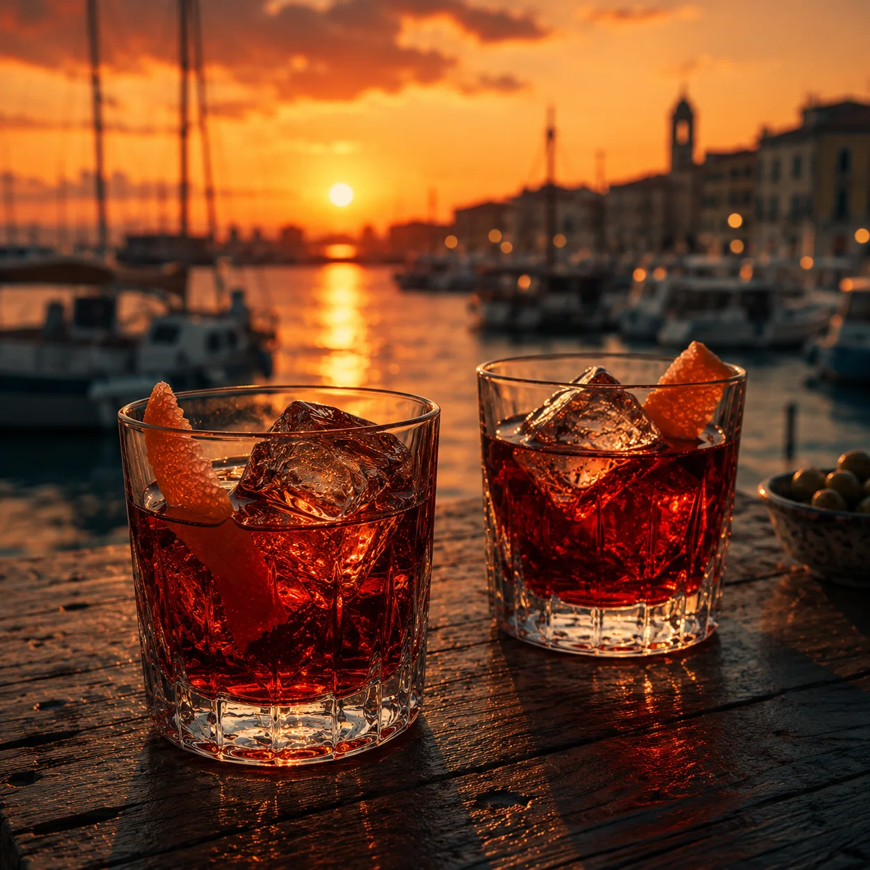 Due Negroni preparati con vermut rosso su un tavolino di legno affacciato sul porto