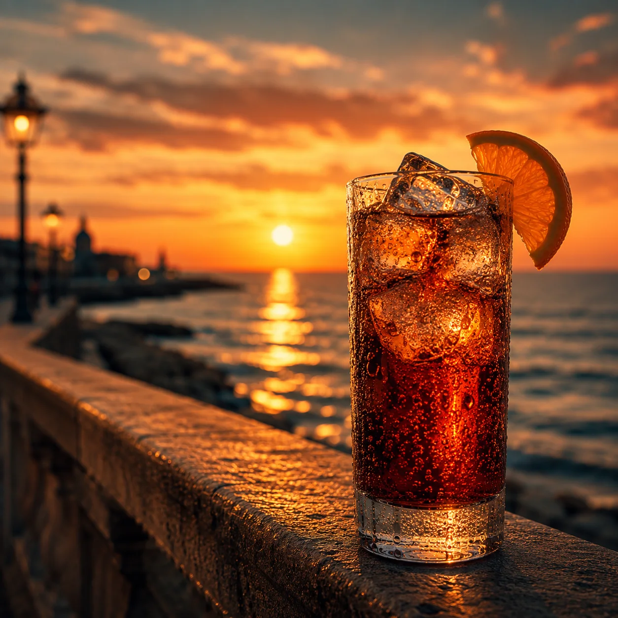 Highball colmo di ghiaccio con vermut, soda fredda e una fetta d'arancia davanti al mare al tramonto