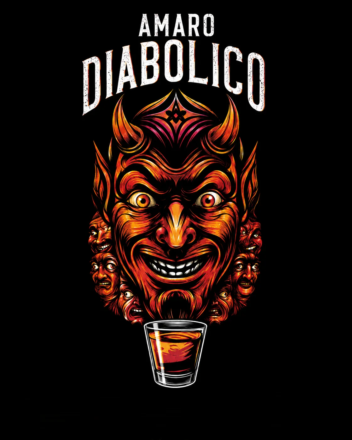 L'etichetta dell'Amaro Diabolico incorniciata come un quadro: il diavolo rosso sorridente sopra il bicchierino, su fondo nero