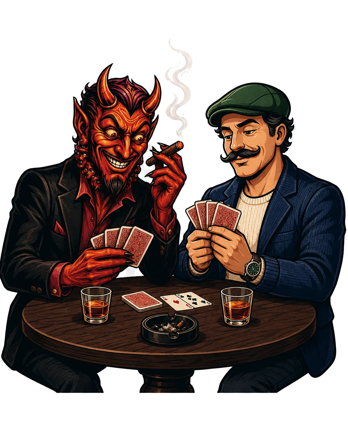 Lo zio e il diavolo giocano a carte a un tavolino in penombra, tra bicchierini di amaro e fumo di sigaro
