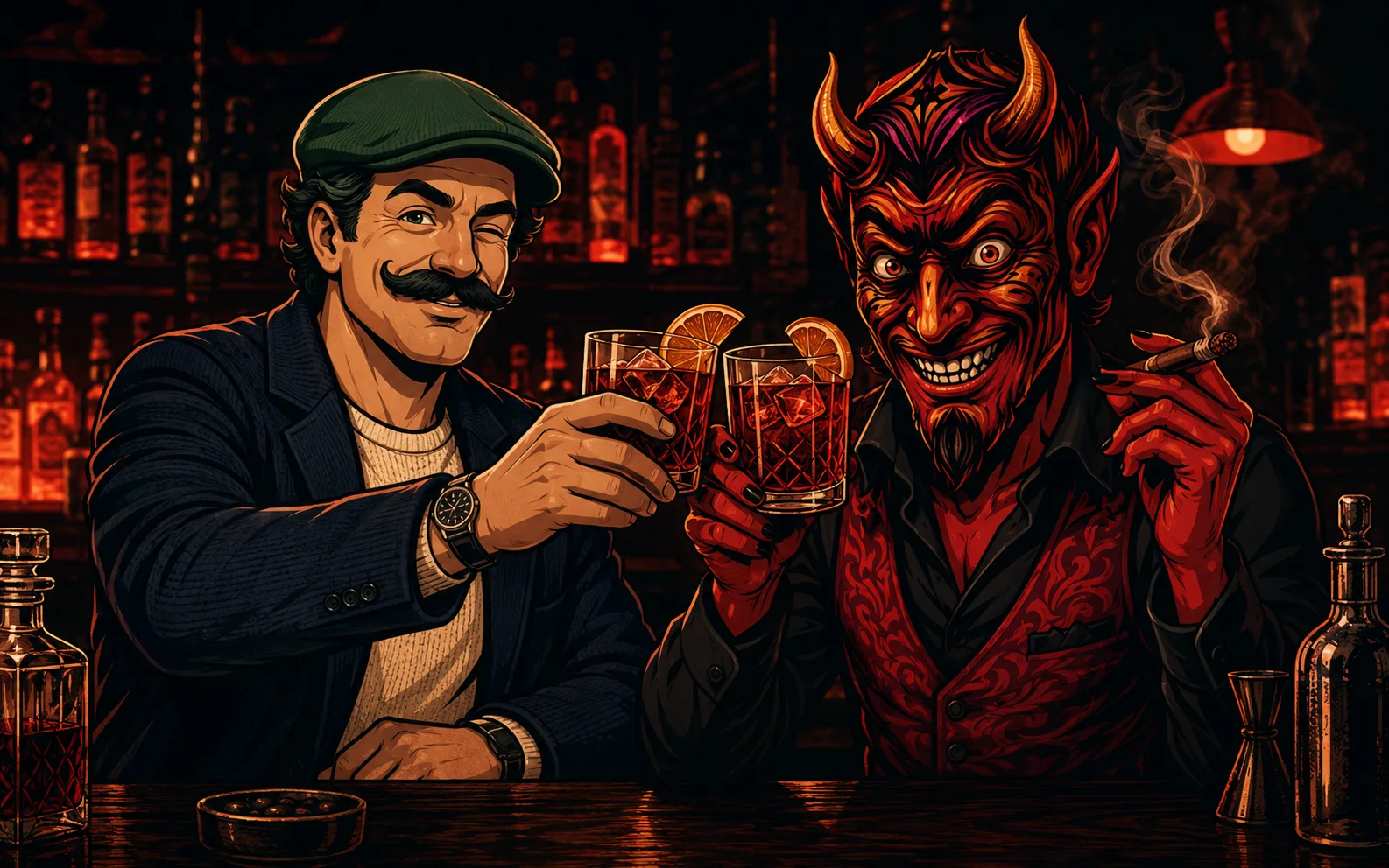 Lo zio e il diavolo brindano con due Negroni al bancone del bar, tra fumo di sigaro