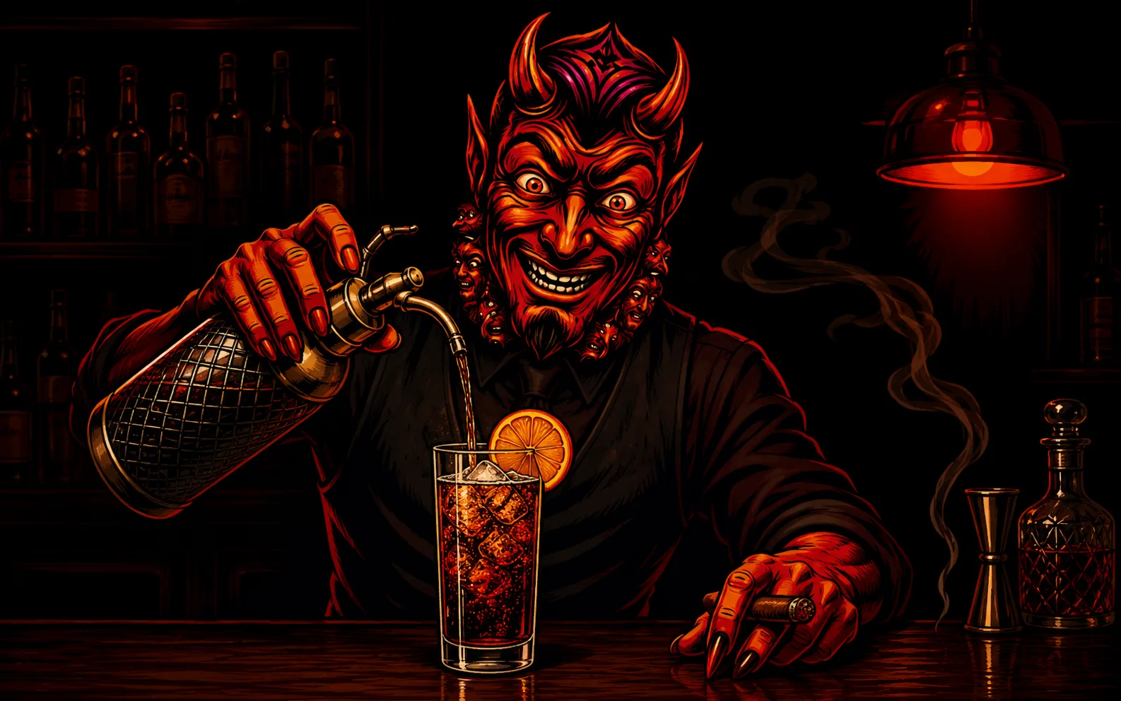 Il diavolo barman versa la soda in un highball colmo di ghiaccio con una fetta d'arancia