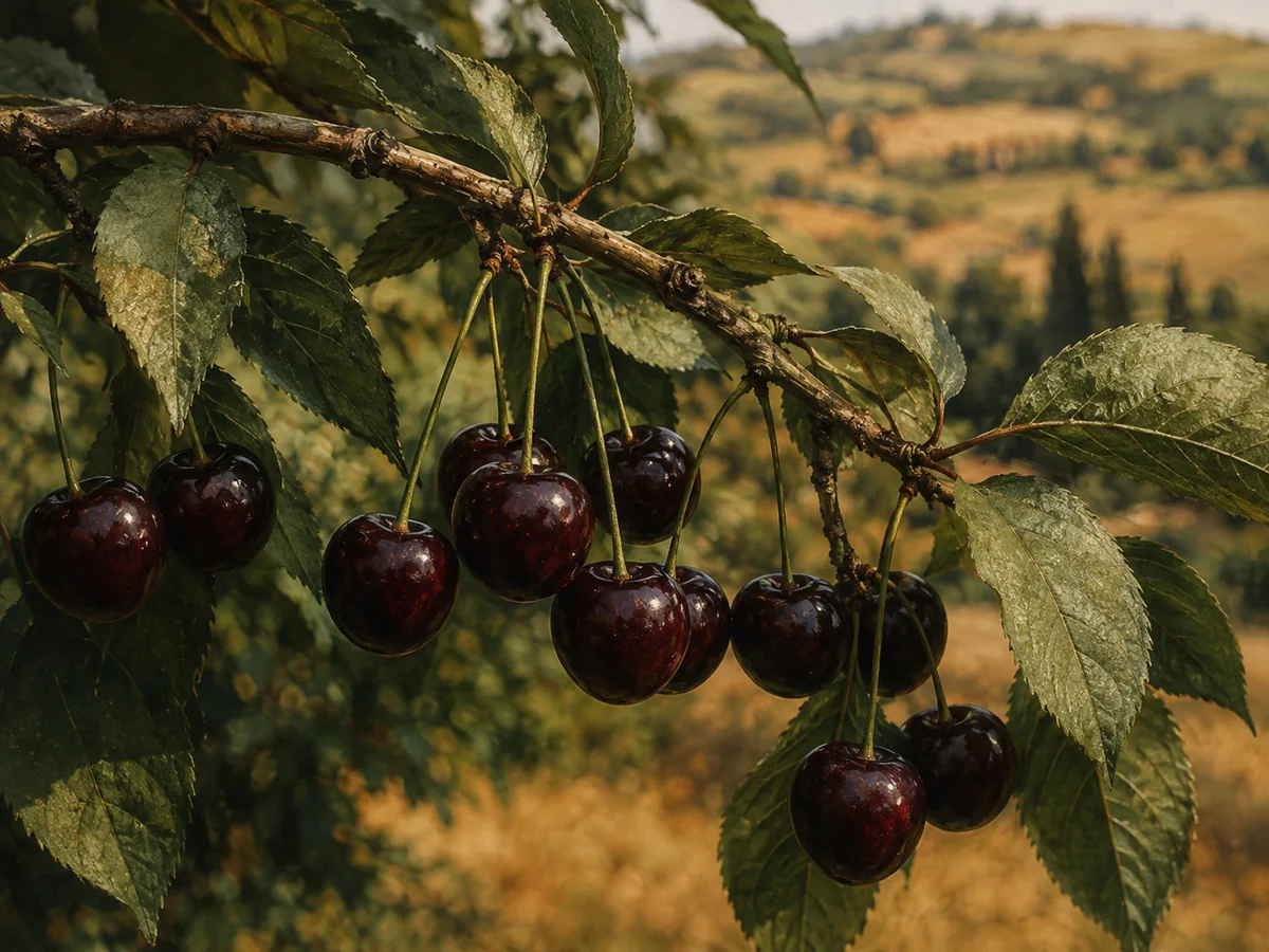 Illustrazione: un ramo di visciolo carico di amarene selvatiche rosso scuro, con la campagna marchigiana sfocata sullo sfondo