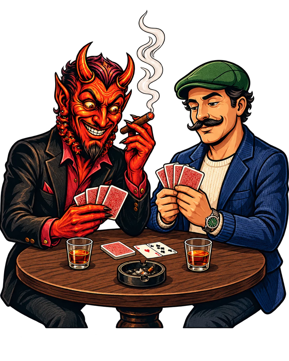 Lo zio e il diavolo giocano a carte a un tavolino in penombra, tra bicchierini di amaro e fumo di sigaro